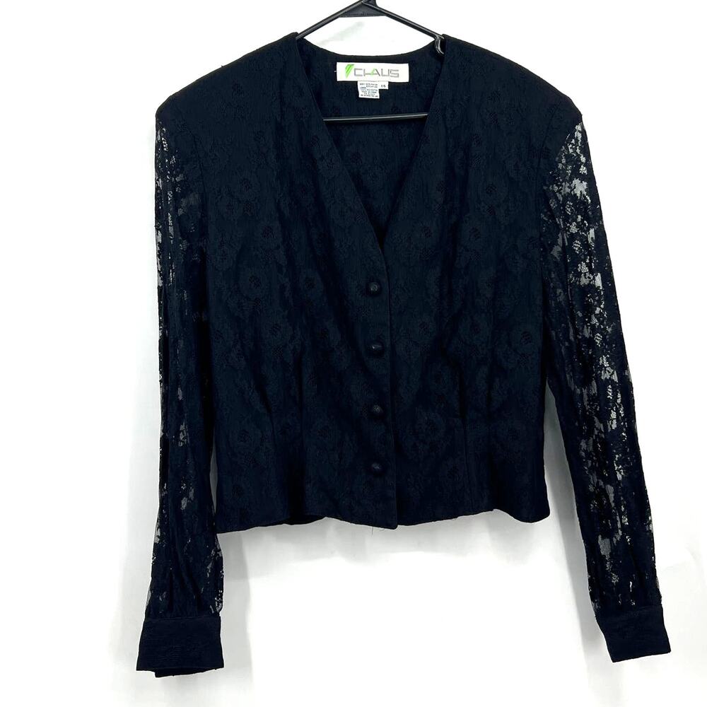 VTG Chaus Black Full Lace Thin Sweater Sheer Top Button Up Blouse Size 14